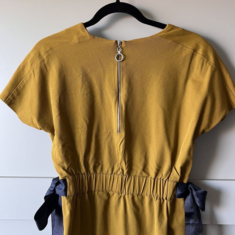 Zara Trafaluc‎ Mini Dress Womens XS Tan Yellow Short Sleeve Bow Tie Fit Flare - Picture 7 of 15